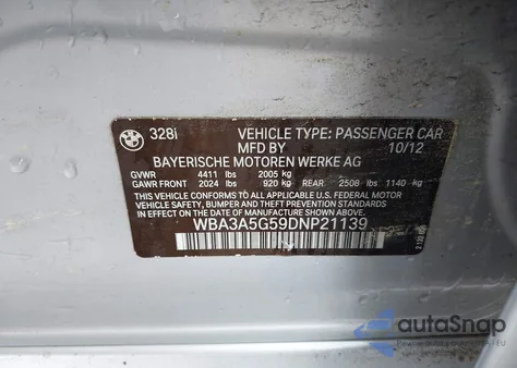 2013 BMW 328I из США, поврежденный, VIN WBA3A5G59DNP21139